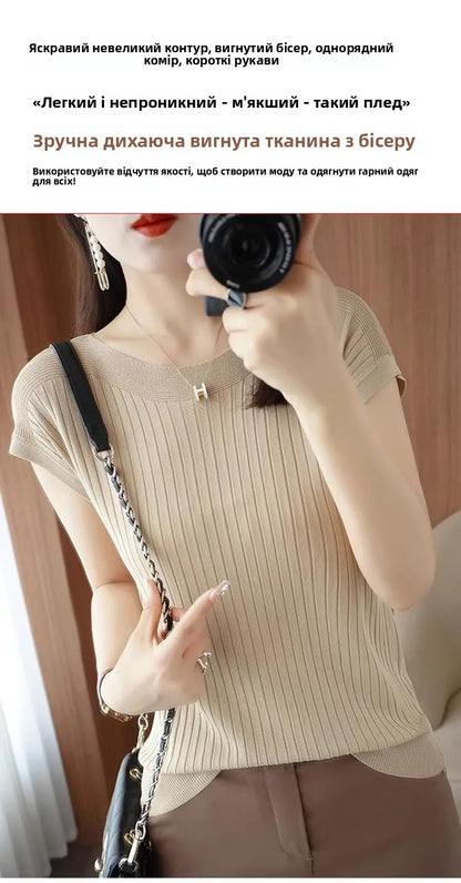 Ice Silk Knitted Top Women Loose Spring Summer New Style Thin Short Sleeve One Shoulder T-Shirt Breathable Comfortable Casual...