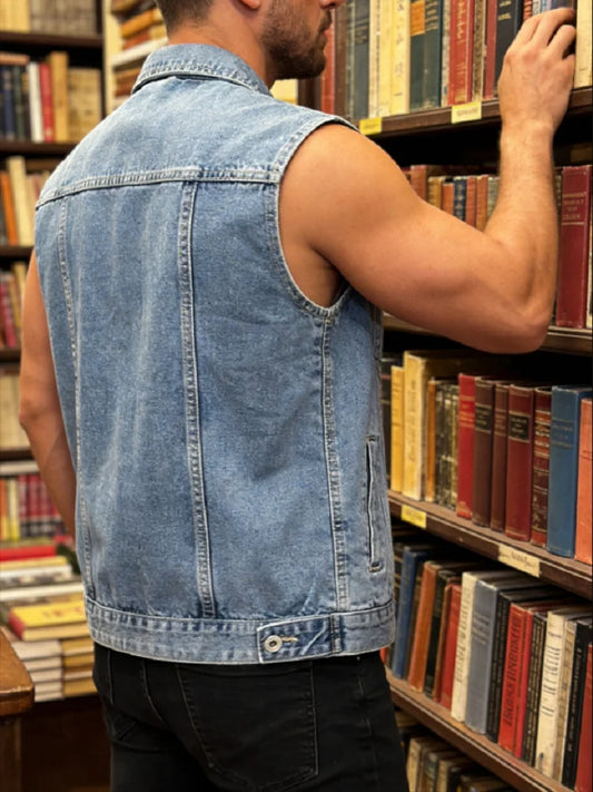 New Men's Retro Washed Denim Vest Lapel Single-Breasted Sleeveless Jacket Vintage Casual Streetwear Top for Men