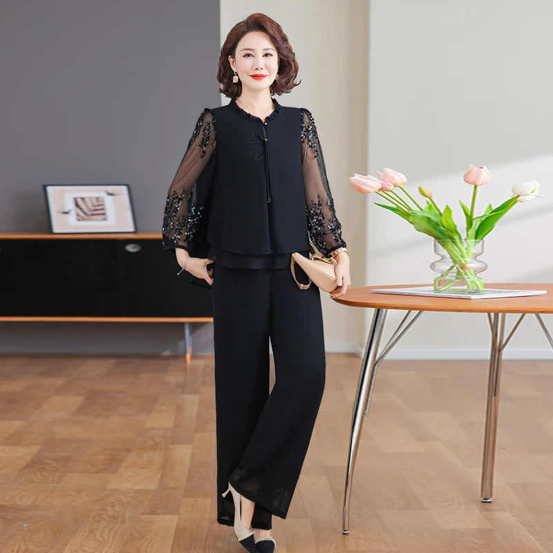 New 2026 Summer Fashionable Thin Two-Piece Set for Older Women Age-Defying Trendy Top And Bottom Ensemble Polyester Fiber