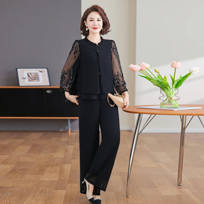 New 2026 Summer Fashionable Thin Two-Piece Set for Older Women Age-Defying Trendy Top And Bottom Ensemble Polyester Fiber