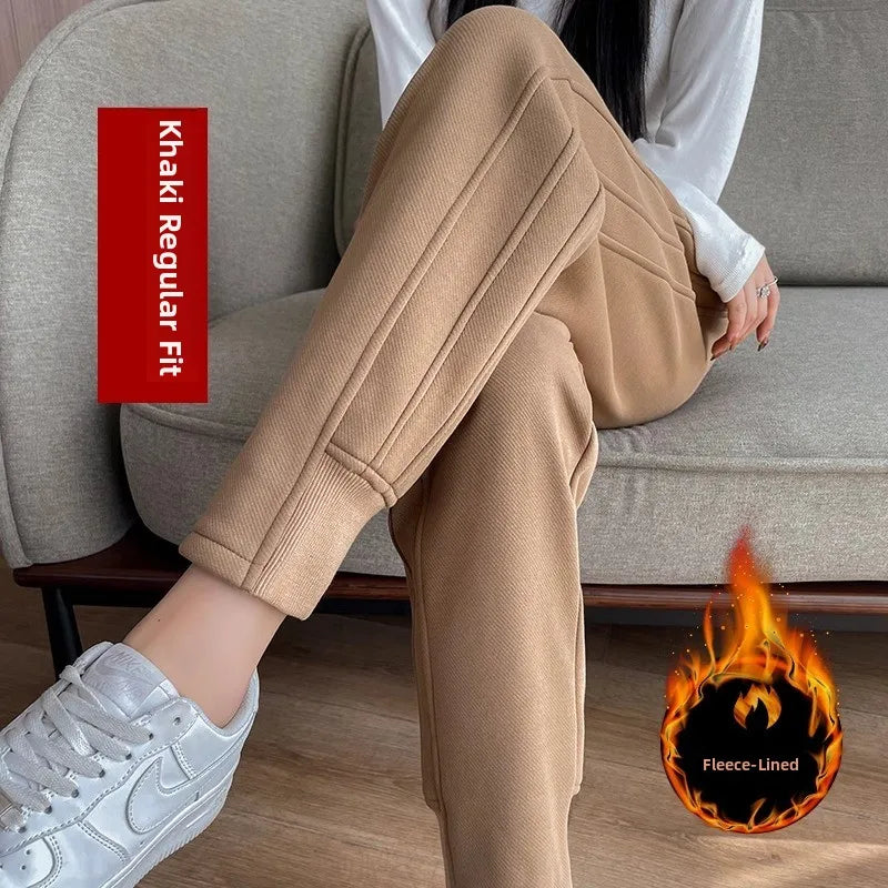 Women's Fleece Lined Harlan Pants Casual Loose Trousers Autumn Winter High Waist Long Pants Commute Style Korean Fashion