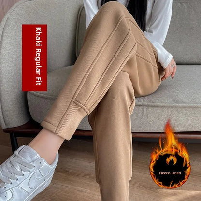 Women's Fleece Lined Harlan Pants Casual Loose Trousers Autumn Winter High Waist Long Pants Commute Style Korean Fashion