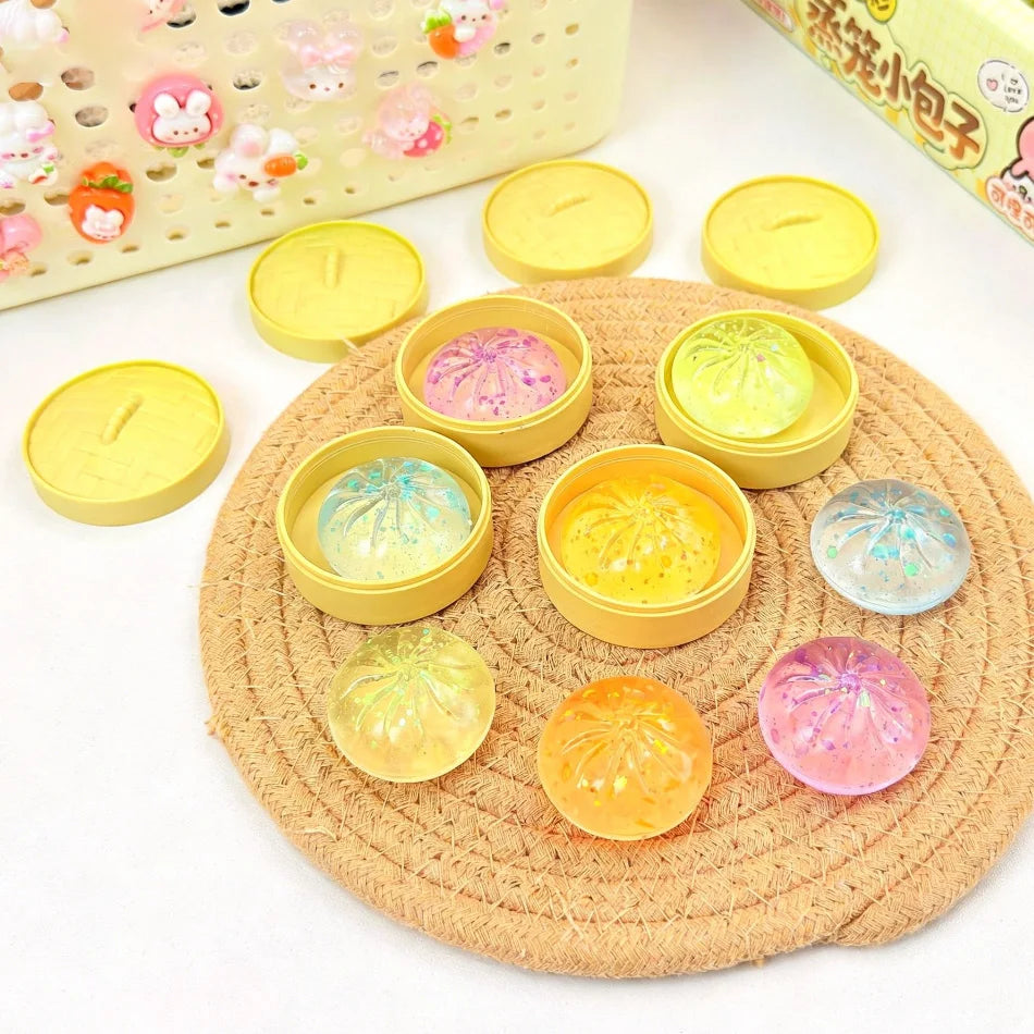 1-10Pcs Glitter Dumpling Squishy Blind Box, Maltose Slow Rebound Toy, Hidden Design Bun with Steamer, Sensory Stress Relief Gift