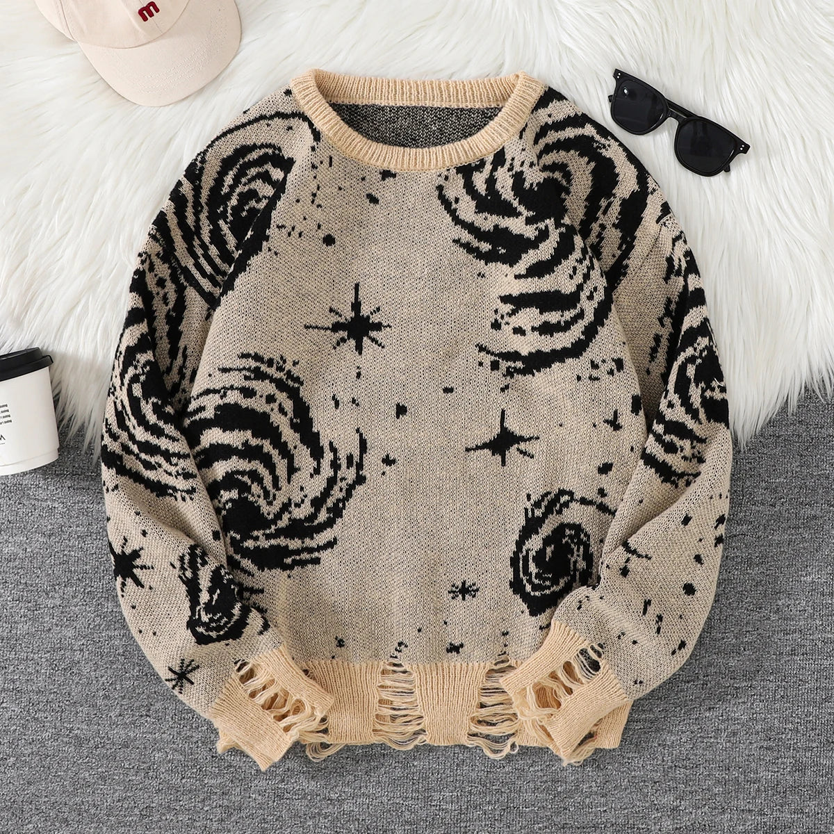 Men's Autumn and Winter Street Style Ripped Abstract Starry Sky Pattern Pullover Sweater, Casual Crew Neck Knit Men's Pullover, Regular Fit, Suitable for Autumn and Winter Seasons