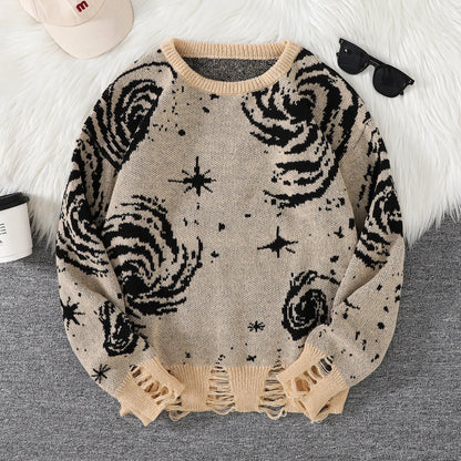 Men's Autumn and Winter Street Style Ripped Abstract Starry Sky Pattern Pullover Sweater, Casual Crew Neck Knit Men's Pullover, Regular Fit, Suitable for Autumn and Winter Seasons
