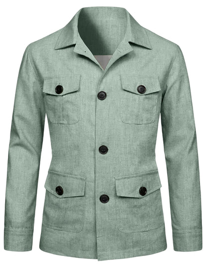 Men's Linen Blend Safari Jacket Retro British Style Multi-Pocket Workwear Coat Business Casual Suit Blazer for Spring Summer