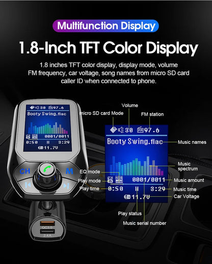 Bluetooth FM Transmitter Handsfree 1.8'' TFT Display Car radio MP3 Music USB SD EQ Player Built-in Mic Quick Charge 3.0 Adapter