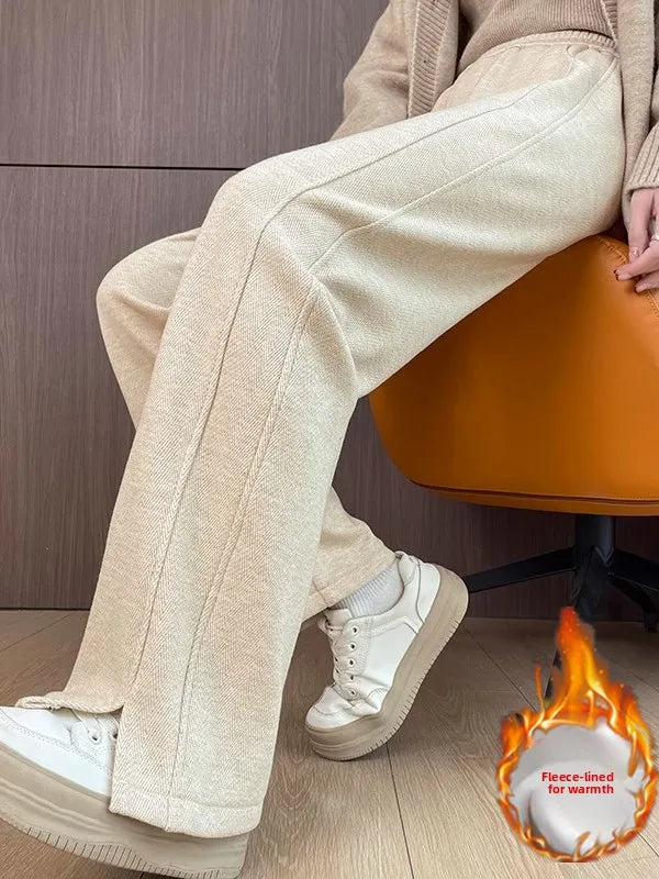 Thickened Fleece Wide Leg Pants High Waist Trousers for Women Casual Autumn Winter Slimming Warmth Pants Korean Style