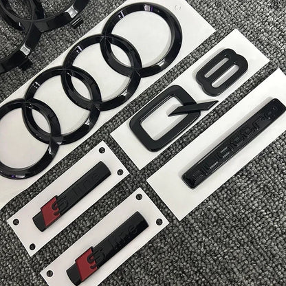 AUDI Q8 4-Ring logo ABS Black Car Hood Front Grill Emblem Rear Trunk Badge Q8 Sticker Quarrto Sline Emblem For Q8 2018-2024