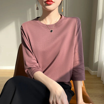 Summer Cotton Short-Sleeved T-Shirt Women's Round Neck Seven-Point Sleeves Loose Mercerized Cotton Half-Sleeve Shirt New T-shirt