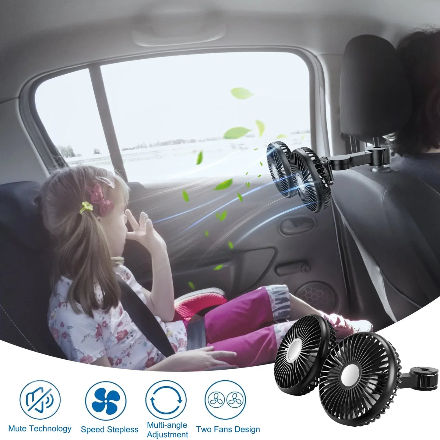 Hipacool Extension Arm Dual-Head Fan for Car Headrest 360° Rotation Air Cooling Fan Angle Adjustable 3-Speed Wind Brushless Fan