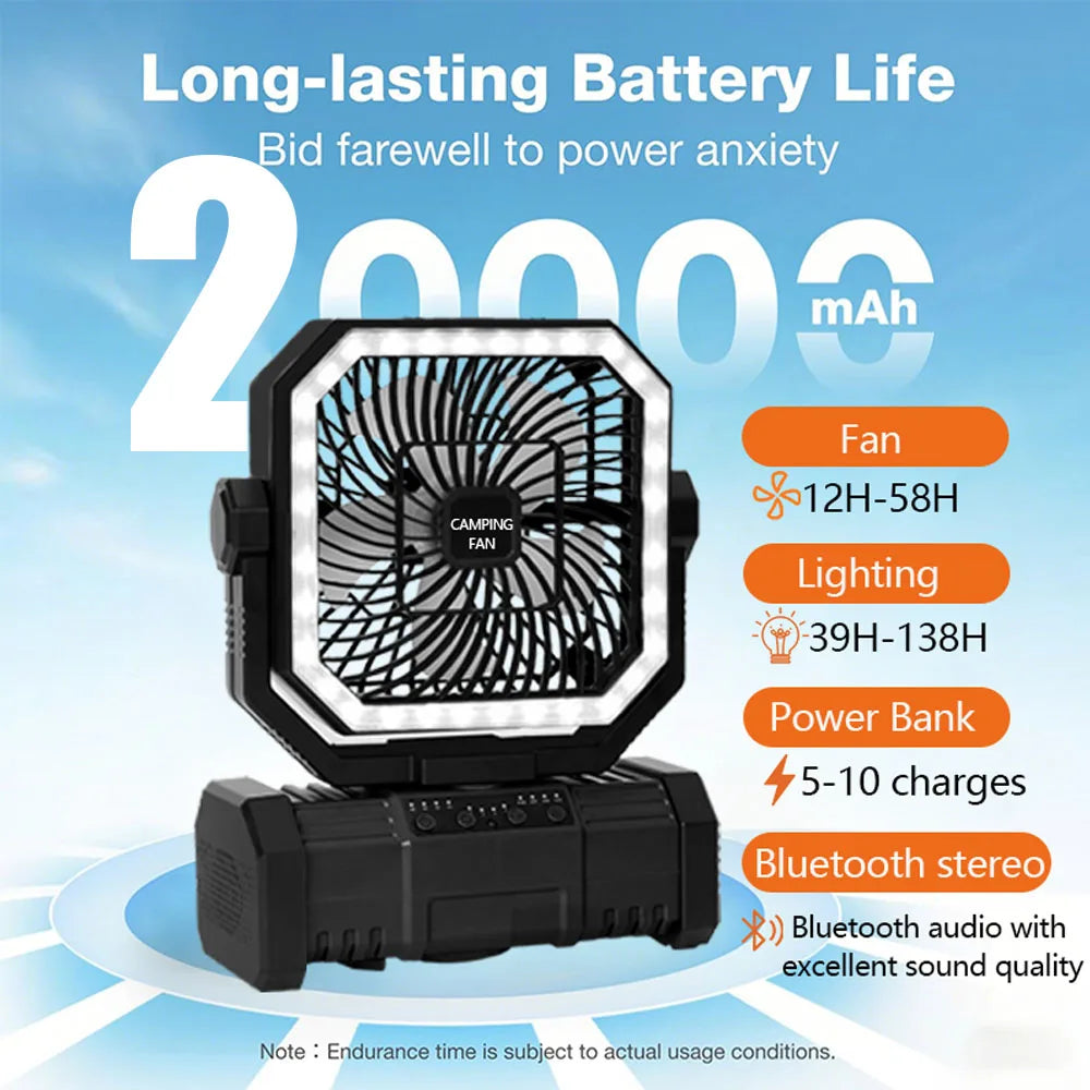 Outdoor Camping Fan 20000mAh Rechargeable Fan  with LED Lantern & Remote for Fishing Travel, 4 Speeds 8H Timer, Hanging Hook
