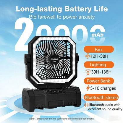 Outdoor Camping Fan 20000mAh Rechargeable Fan  with LED Lantern & Remote for Fishing Travel, 4 Speeds 8H Timer, Hanging Hook