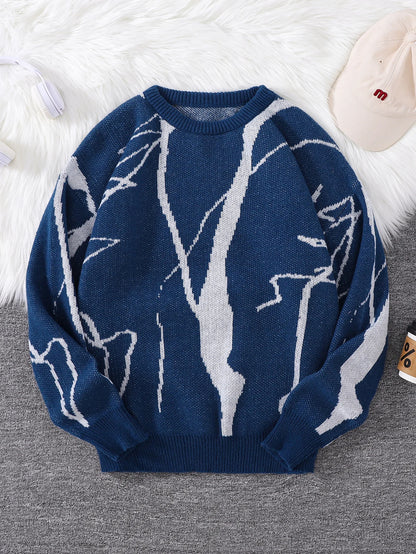 Street Graffiti Pattern Pullover Sweater, Casual Round-Neck Knit Men's Pullover, Suitable for Everyday Wear, Unisex Top for Going Out, Regular Fit, Suitable for Autumn and Winter