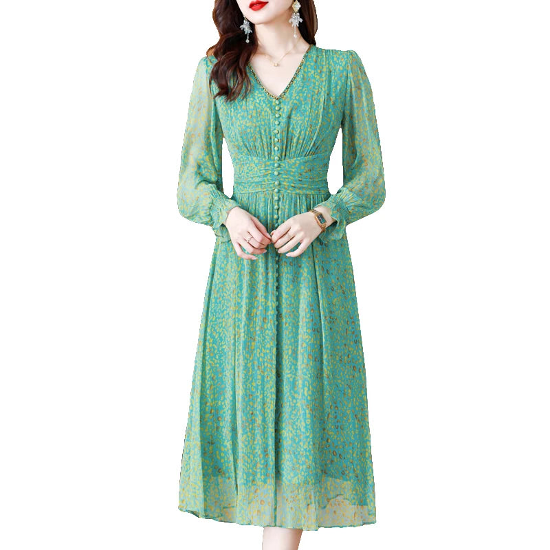 Spring Summer Green Floral Silk Long Dress Women Fashion Casual Holiday Beach Dress 2024 Korean Elegant Luxury Dance Party Dress