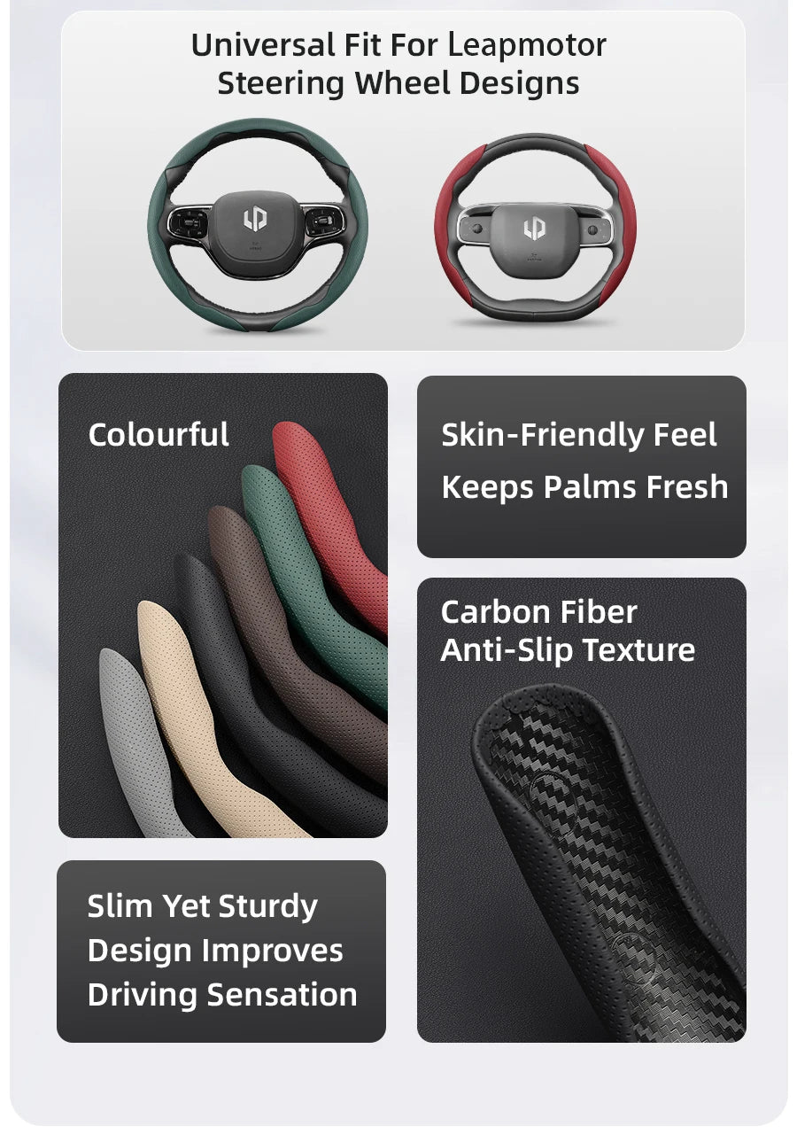 Suitable for Leapmotor Breathable Leather Steering Wheel Cover with Segmented Quick-Release Design, Non-Slip and Durable, for Models T03 C10 B10 B05 B03X C16 C11 C01, Etc., in Black, Bright Red, and Green