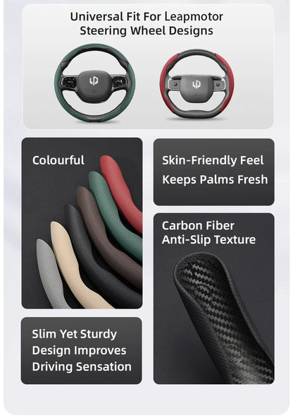 Suitable for Leapmotor Breathable Leather Steering Wheel Cover with Segmented Quick-Release Design, Non-Slip and Durable, for Models T03 C10 B10 B05 B03X C16 C11 C01, Etc., in Black, Bright Red, and Green