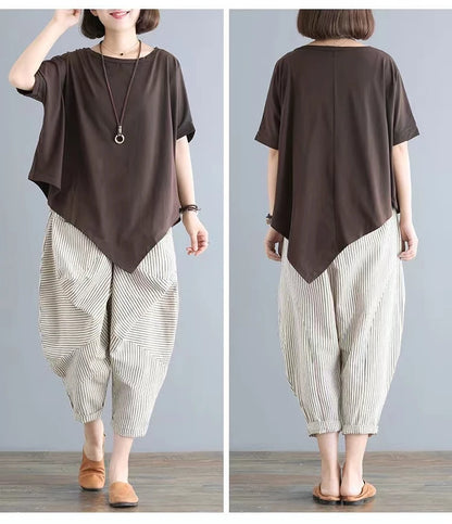 Cotton Blend Loose Fit Casual Women's T-irt And Harlan Pants Set Single Piece Summer Faion Ensemble for plus Size