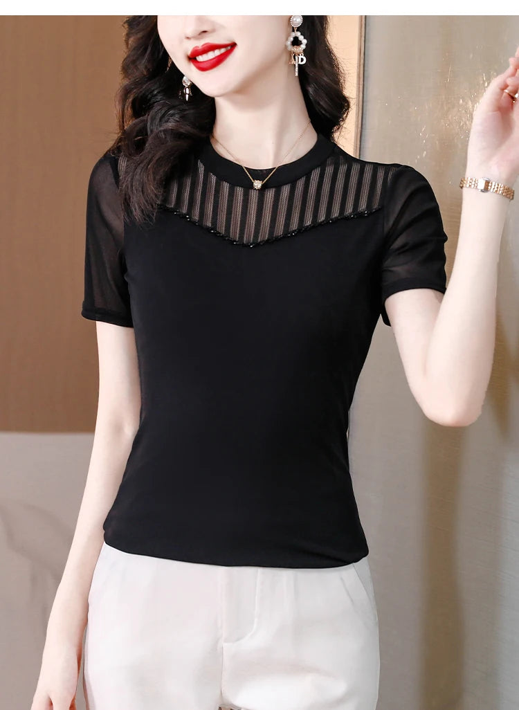 Lace Short Sleeve Slim Fit T-Shirt Women's Summer New Netting Thin Style round Neck Regular Length Pure Color Commute Style