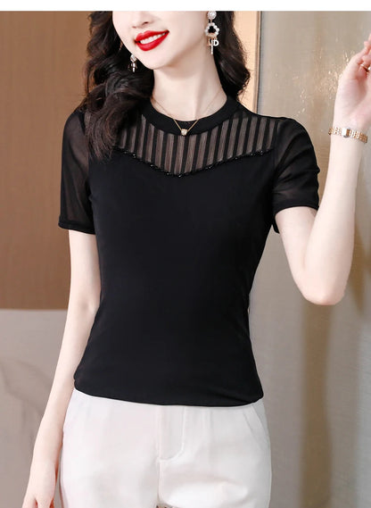 Lace Short Sleeve Slim Fit T-Shirt Women's Summer New Netting Thin Style round Neck Regular Length Pure Color Commute Style