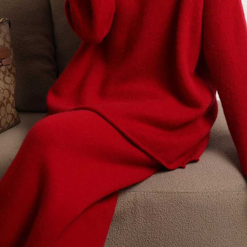 Women's 100% Cashmere Wide Leg Pants Knitted Thick Autumn/Winter Casual Solid Color Elastic Waistband Pockets