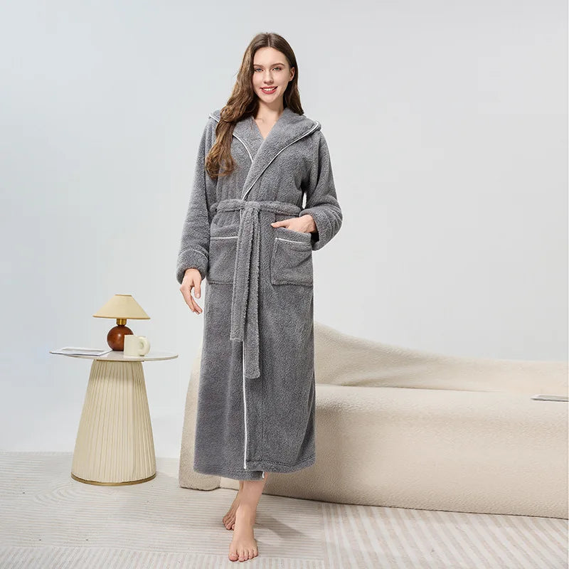 Couples Thickened Hooded Bath Robe Warm Sleepwear for Men And Women Cotton Velvet Winter Home Clothes Unisex Pajamas