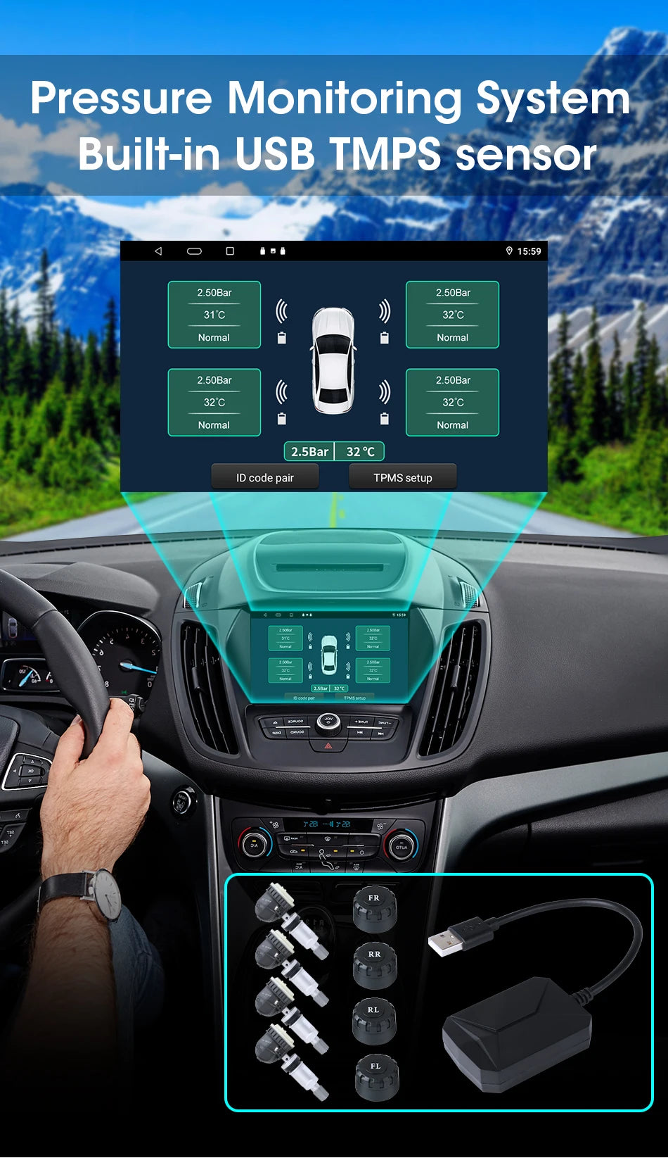 JMCQ USB Android TPMS Tire Pressure Monitoring System Display Alarm System Internal External 5 Sensors For Car Navigation Radio