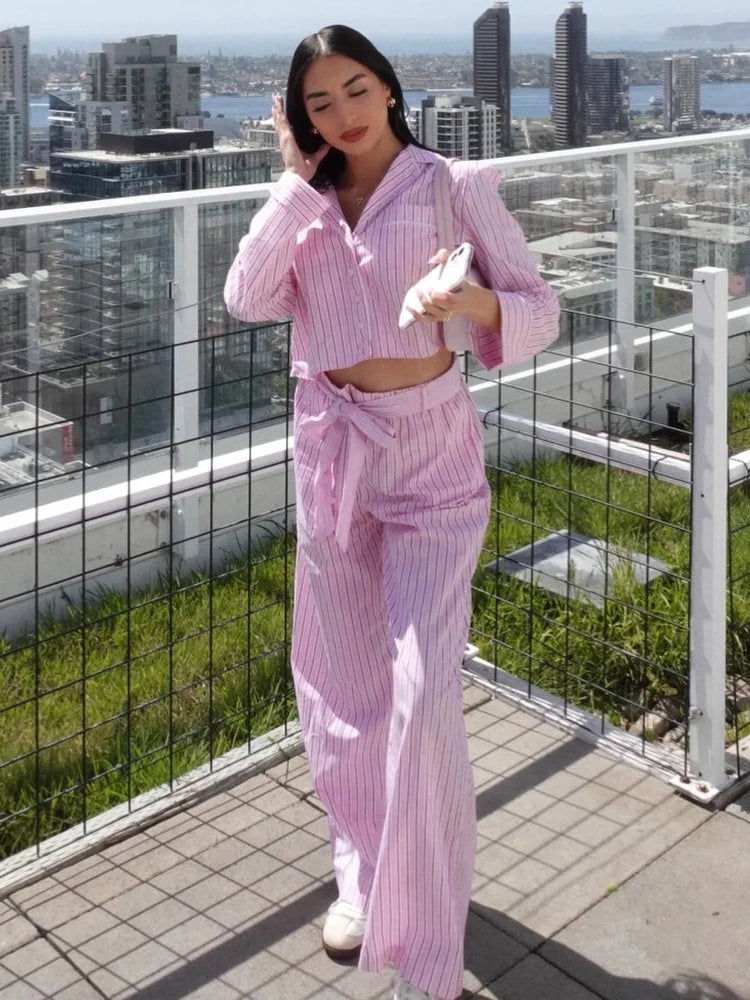 HH Women Striped Pants Suit Lapel Pocket Single-breasted Blouse+Side Zipper Lace Short Top+High Waist With Belt Poplin Pant