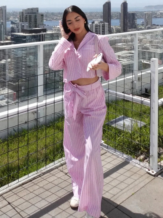 HH Women Striped Pants Suit Lapel Pocket Single-breasted Blouse+Side Zipper Lace Short Top+High Waist With Belt Poplin Pant
