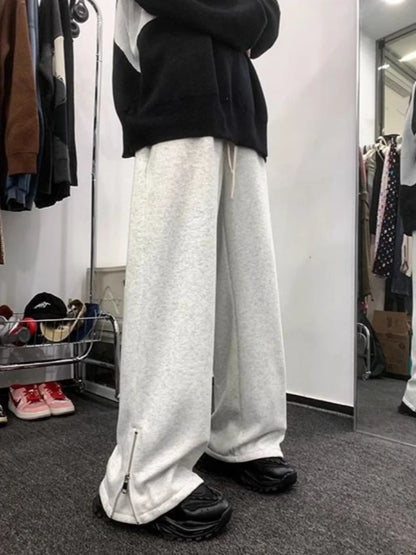Warm Autumn Winter Men’s Fleece Lined Joggers Solid Color Zipper Casual Pants High Waist Slim Korean Style Unisex Couple Design
