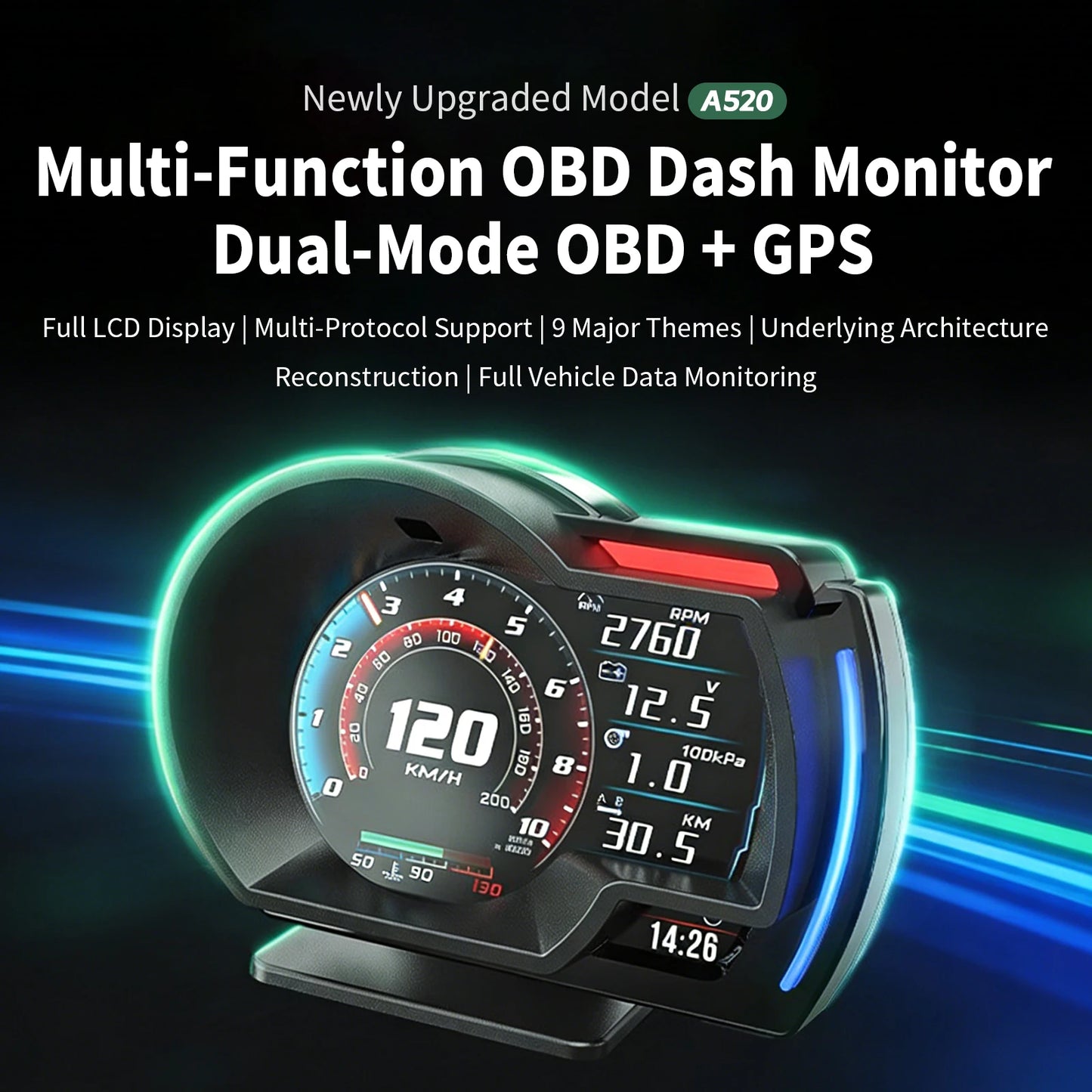 Head up Display OBD + GPS Car Water Temperature Turbo Oil Temperature Multi-function Meter LCD Display Automotive Speed Alarm
