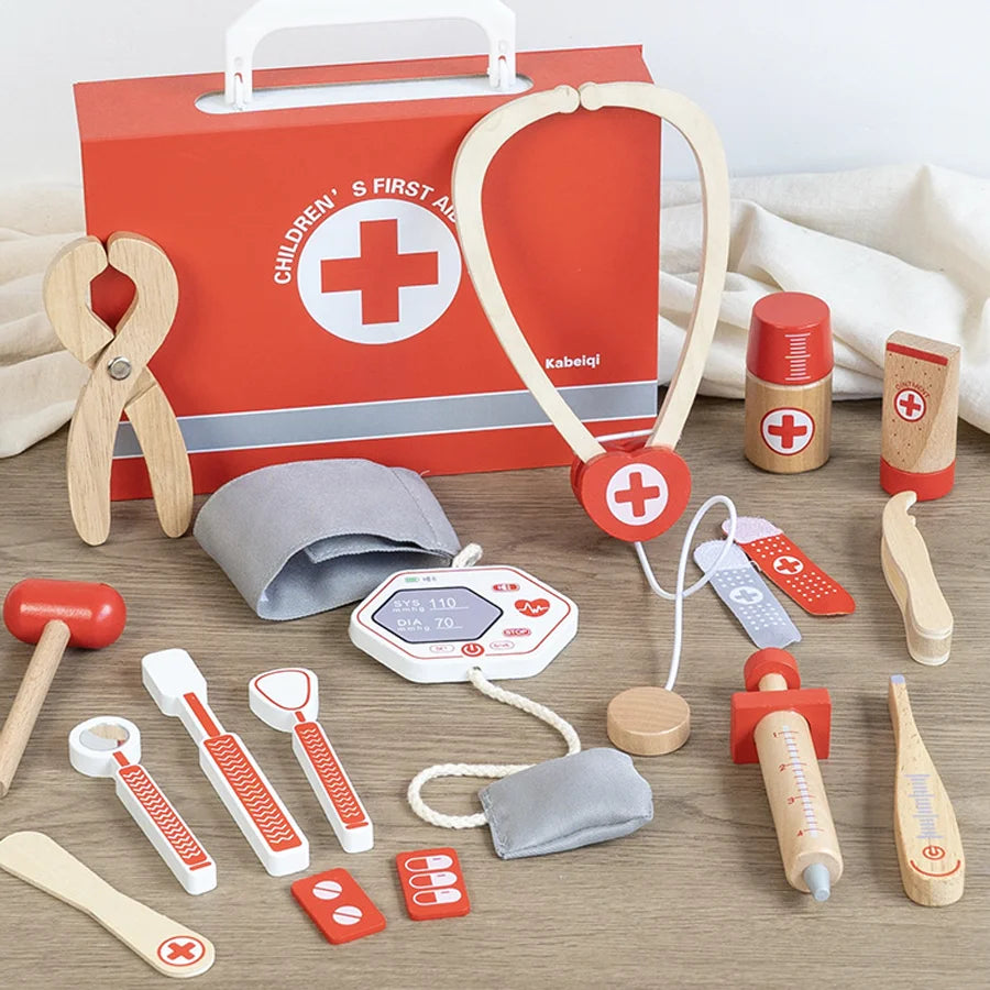 Wooden Pretend Play Doctor Educational Toys for Children Medical Simulation Medicine Chest Set for Kids Role Playing Pretend Toy