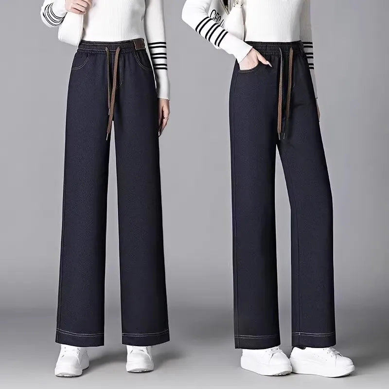 High Waist Thickened Fleece Lined Wide Leg Jeans Women's Casual Straight Cut Trousers Autumn Winter New Style Slimming Effect