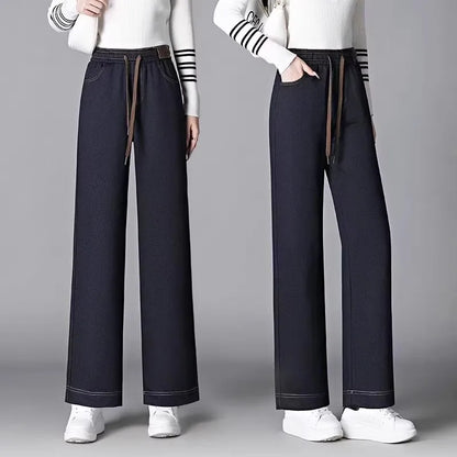High Waist Thickened Fleece Lined Wide Leg Jeans Women's Casual Straight Cut Trousers Autumn Winter New Style Slimming Effect