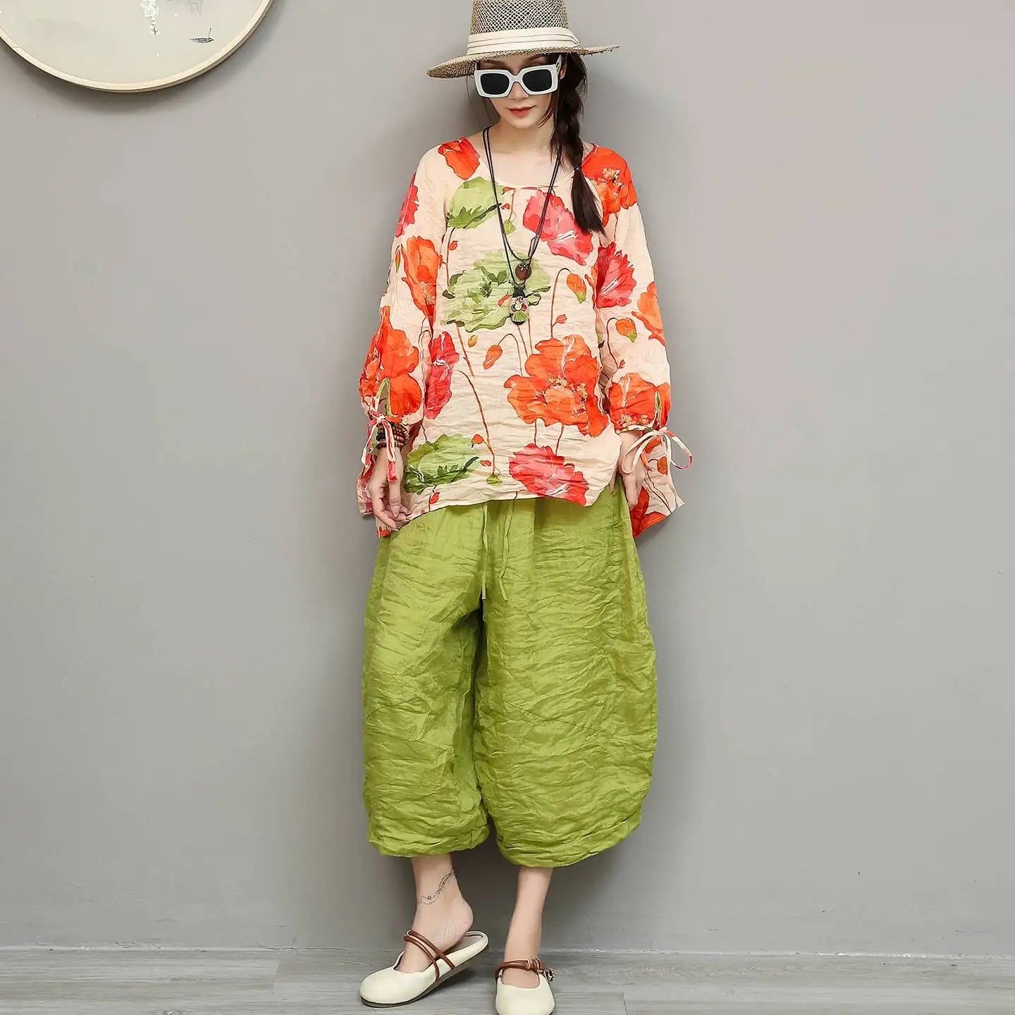 Artistic Ramie Suit Women Summer Floral Tie-up Top + Loose Wide-leg Cropped Pants Two-piece Set XY336