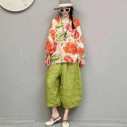 Artistic Ramie Suit Women Summer Floral Tie-up Top + Loose Wide-leg Cropped Pants Two-piece Set XY336