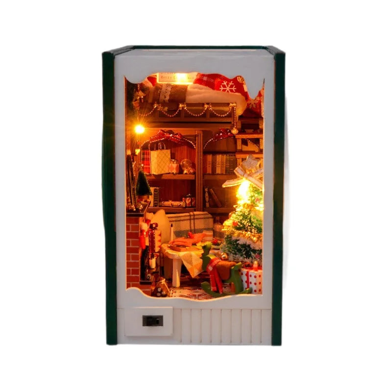 Christmas New Book Nook Miniature DIY Hut cabin Houses Bookstand Doll House Creative Puzzle Bookshelf Insert With Touch Cover