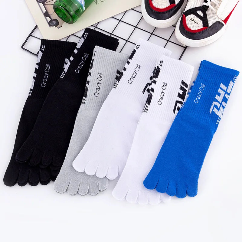 5 Pairs Men Sport Socks with Toes Mid-tube Thick Cotton Cycling Street Fashion Letter Pattern Athletic Compression 5 Finger Sock