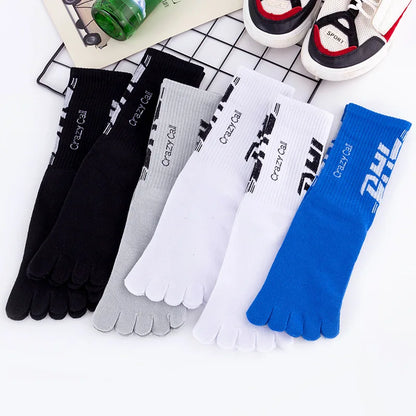 5 Pairs Men Sport Socks with Toes Mid-tube Thick Cotton Cycling Street Fashion Letter Pattern Athletic Compression 5 Finger Sock