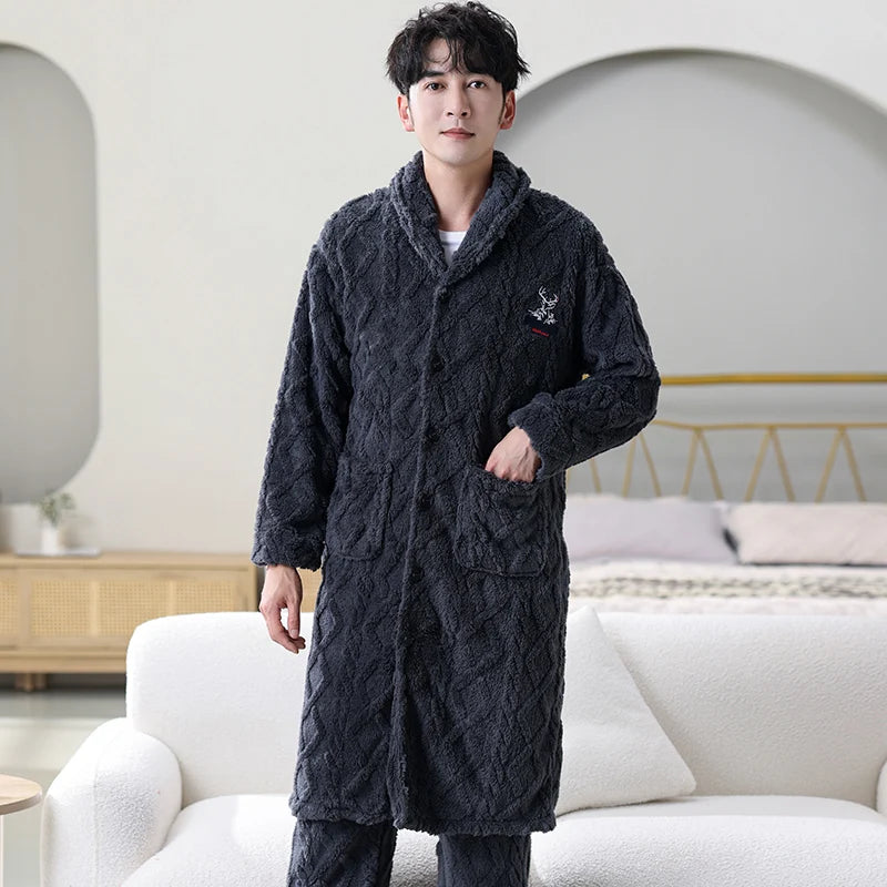 Winter Coral Velvet Men Sleepwear Button Cardigan Robes + Pants Thicken Flannel Bathrobe Male Long Sleeve Kimono Warm Home Wear