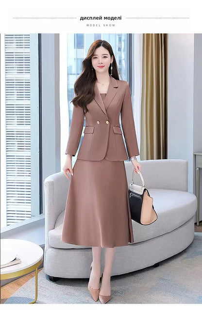 plus Size Women's Dress Suit Set Sleeveless Long Dress with Jacket Autumn Fashion Slimming Two-Piece Set High Waist Korean Style