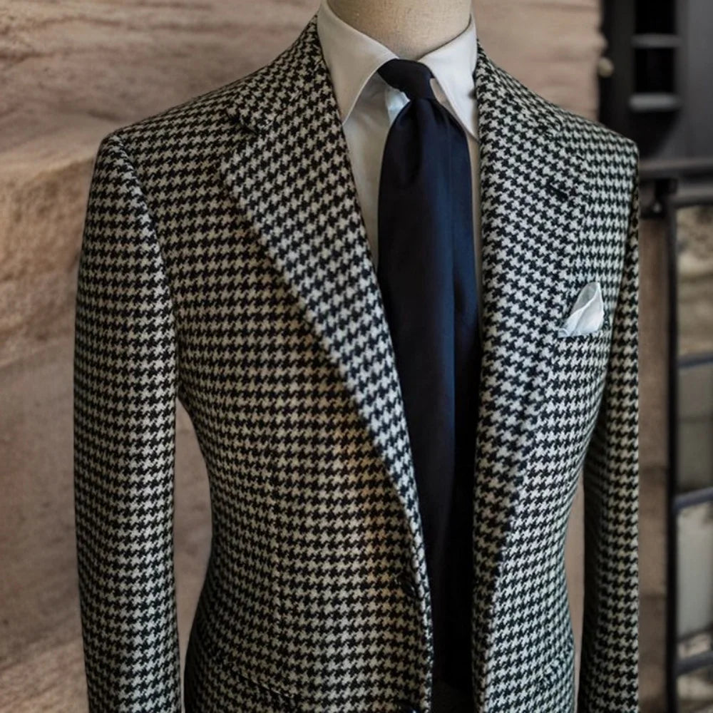 Men's Houndstooth Business Blazer Xadrez Embossed Lapel Terno Jacket Formal Men's Fashion Coat