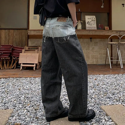 AC-style loose straight-leg jeans with patchwork, 3D printed fake two-piece jeans for men