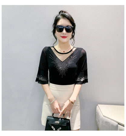 Sexy Hollow out Mesh Seven Quarter Sleeve Fashion Trend Summer T-Shirt Women Slimming Versatile Top Half Sleeve Small Shirt