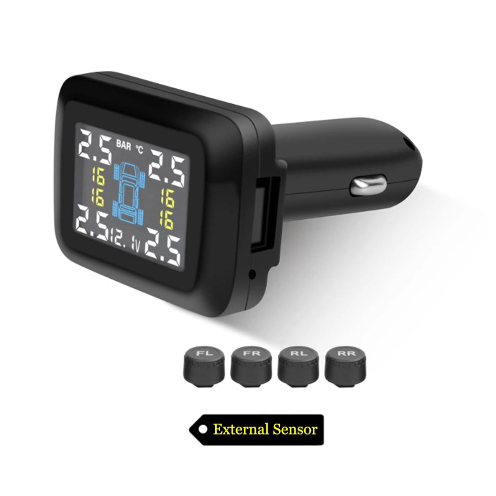 TY09 Smart Cigarette Lighter USB TPMS Car Tire Pressure Alarm Monitor System 4 Sensors Display Tyre Pressure Temperature Alarm