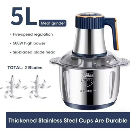 5L Electric Meat Grinder Chopper Stainless Steel Meat Vegetables Blender, 500W Household Stuffing Food Processor Mincer 5 Modes