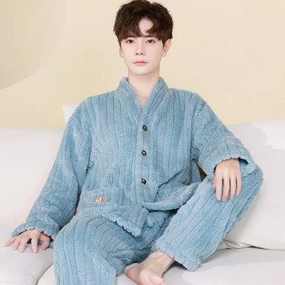 Thick Coral Fleece Sleepwear Men's Autumn Winter Casual Large Size Outdoor Wearable Flannel Home Clothes Set V-Neck Long Sleeve