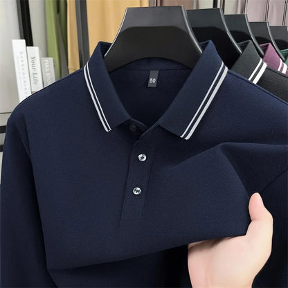 Men's 100% Cotton Long-Sleeve Polo Shirt - Light Purple Soft Knit  Breathable Business Casual Hexagon Pique Texture