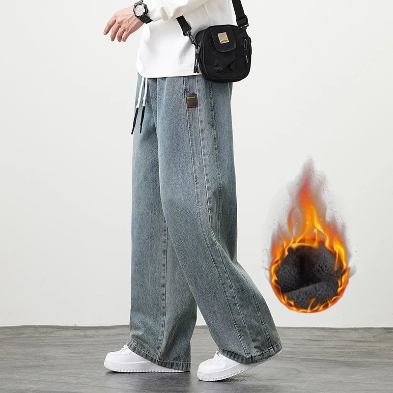 Winter Velvet Wide Leg Denim Jeans Men's Casual Loose Trousers Neutral Outdoor Fashion Pants Big Size 8XL