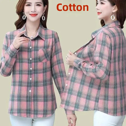 Loose Long Sleeve Mom Shirt Women's New Style Slimming Age-Defying Outerwear Versatile Early Autumn Plaid Outfit  Collar